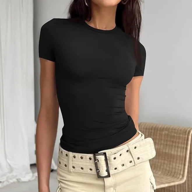PAVEHAWK Women’s Summer Slim O-Neck Tee – Sweet Casual Waist-Defining Short Top