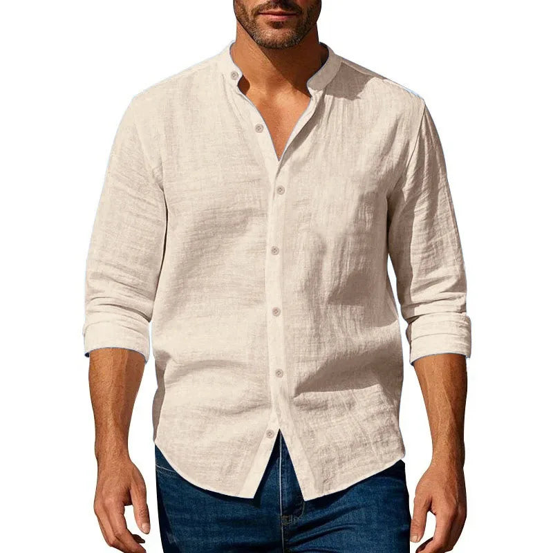 Men’s Cotton Linen Henley Shirt – Lightweight Breathable Slim Fit Long Sleeve Button-Up
