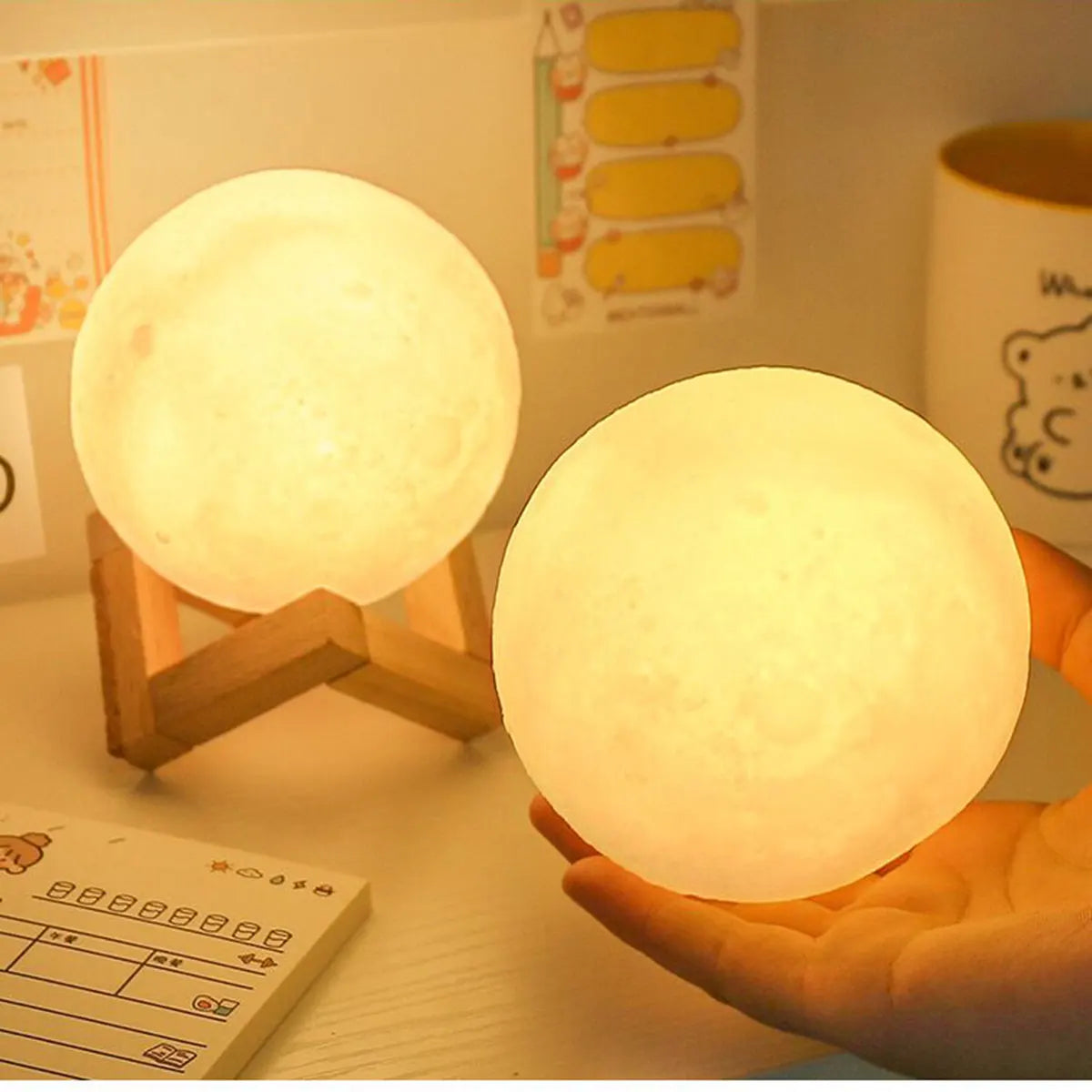 Moon Light Lamp with Wooden Stand – Romantic LED Night Light