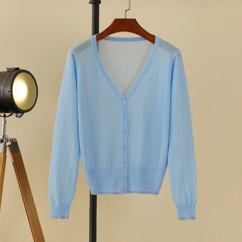 Women’s Summer Cardigan – Korean Style Cropped V-Neck Buttoned Sweater