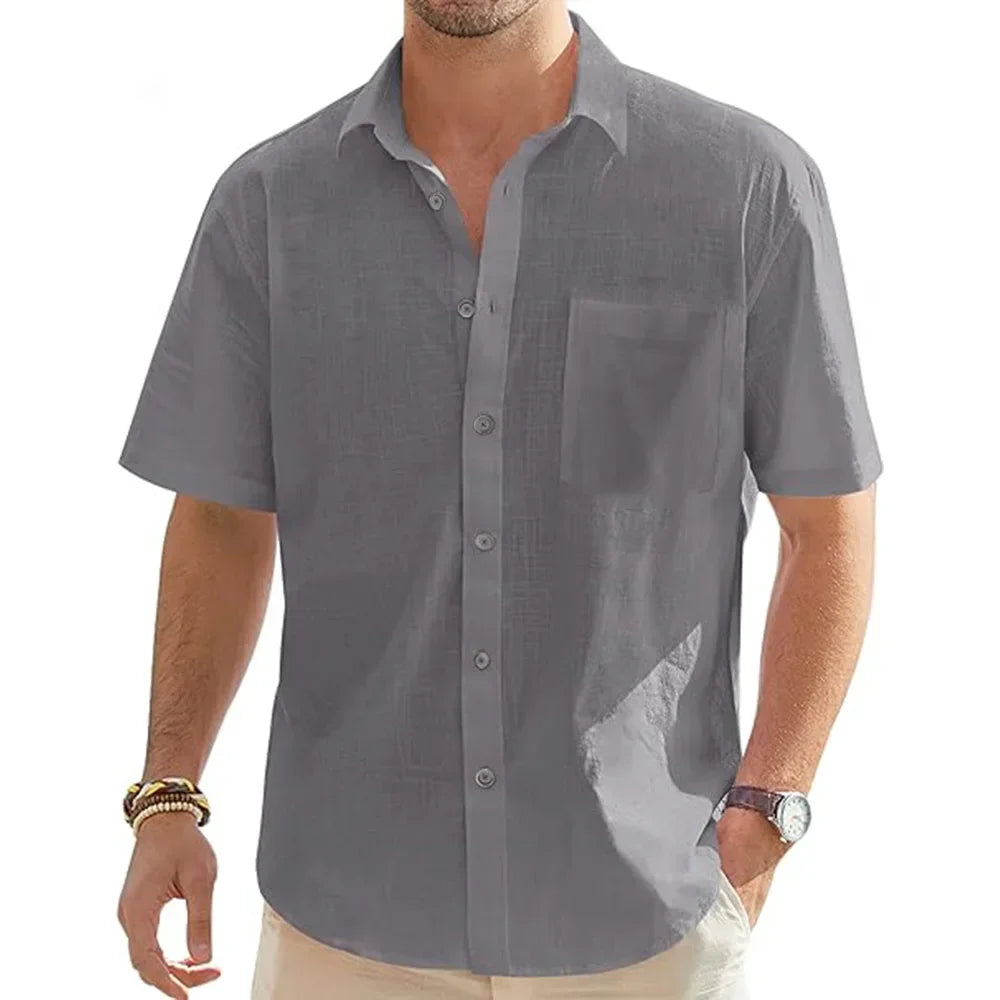 Men’s Solid Color Cotton Linen Shirt with Pocket – Lightweight Casual Summer Beachwear