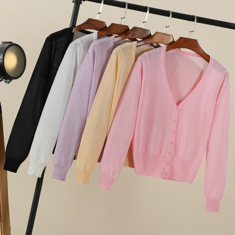 Women’s Summer Cardigan – Korean Style Cropped V-Neck Buttoned Sweater
