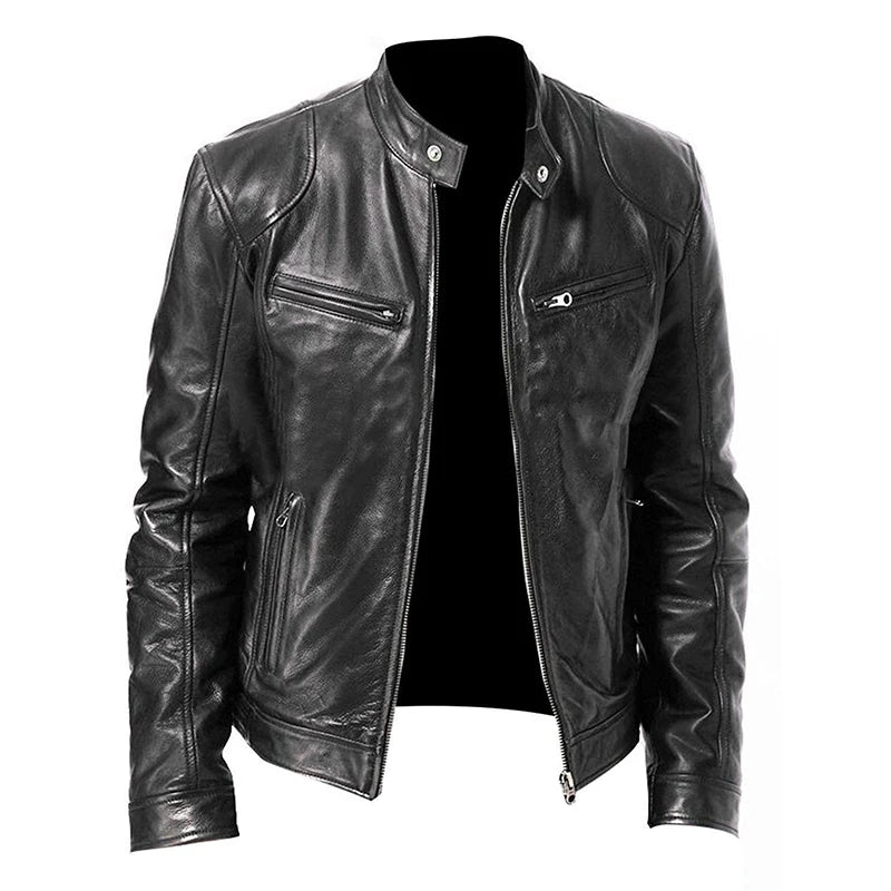 Men’s PU Leather Motorcycle Jacket – Slim Fit Windproof Biker Coat