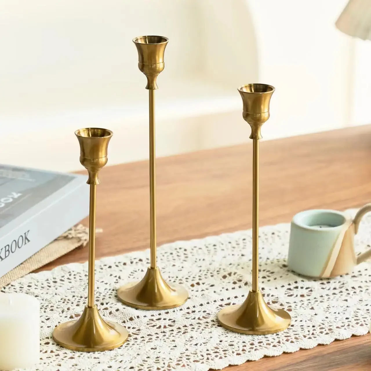 3-Piece Brass Gold Candlestick Holder Set