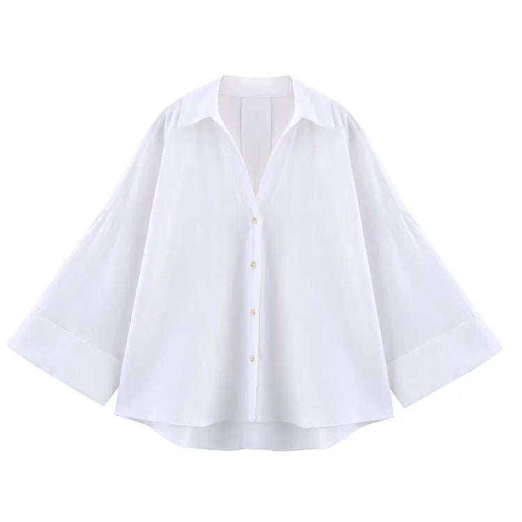 HipSeam Wide-Sleeved Asymmetric Linen Shirt – Spring Minimalist Women’s Button-Up Blouse