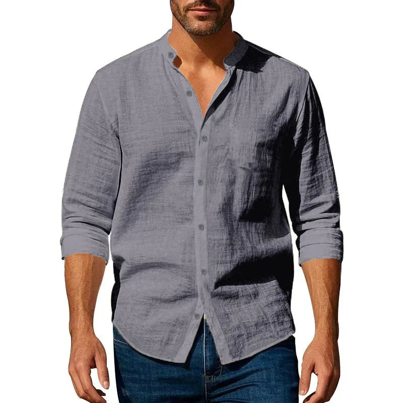 Men’s Cotton Linen Henley Shirt – Lightweight Breathable Slim Fit Long Sleeve Button-Up