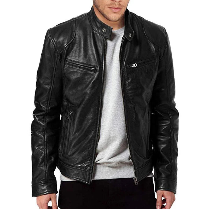 Men’s PU Leather Motorcycle Jacket – Slim Fit Windproof Biker Coat