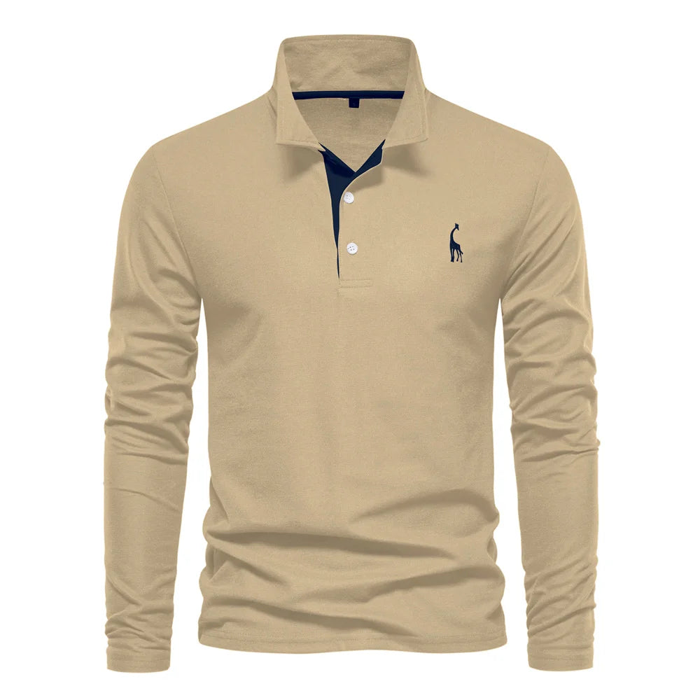 Men’s Long Sleeve Polo Shirt – Deer Embroidery & Premium Comfort