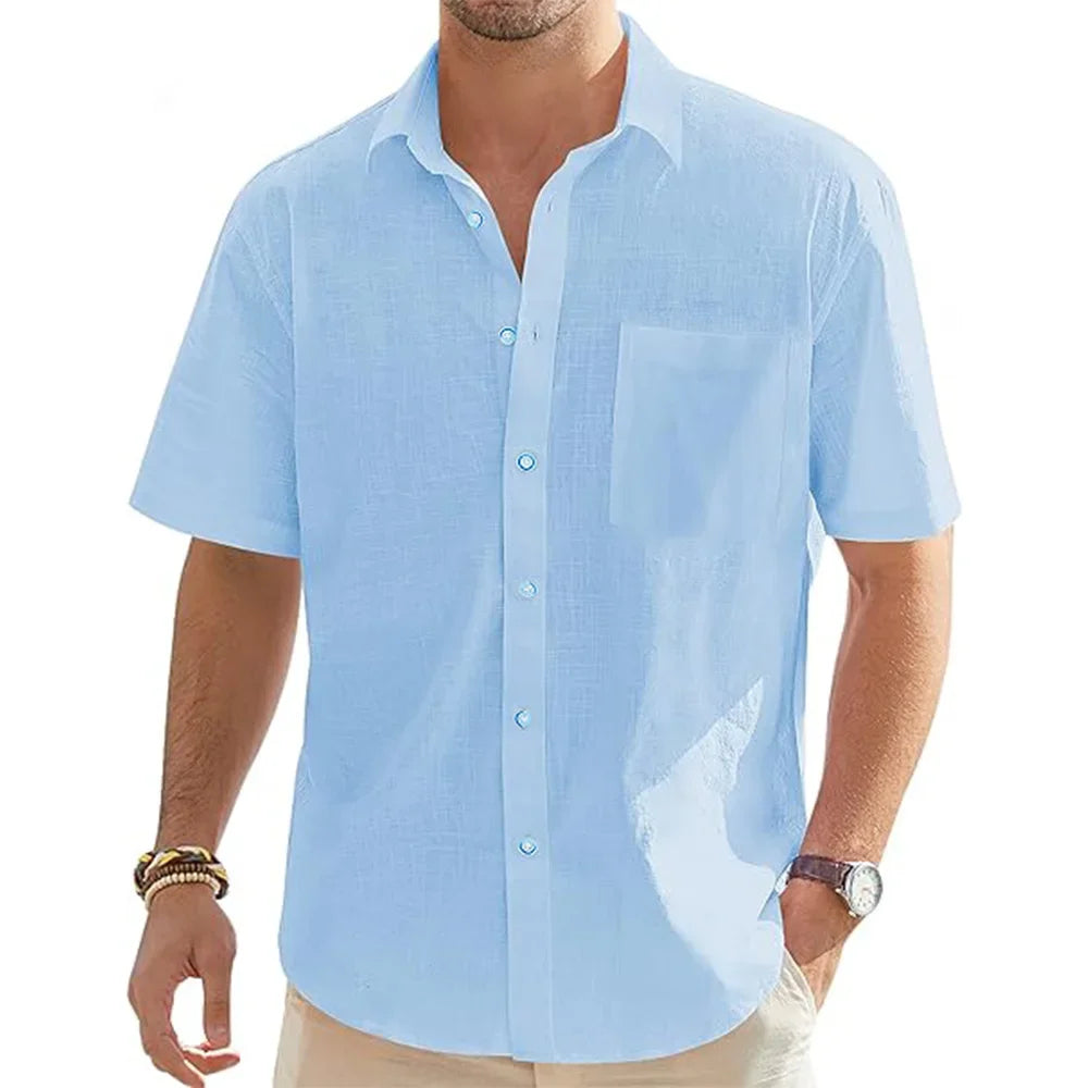 Men’s Solid Color Cotton Linen Shirt with Pocket – Lightweight Casual Summer Beachwear