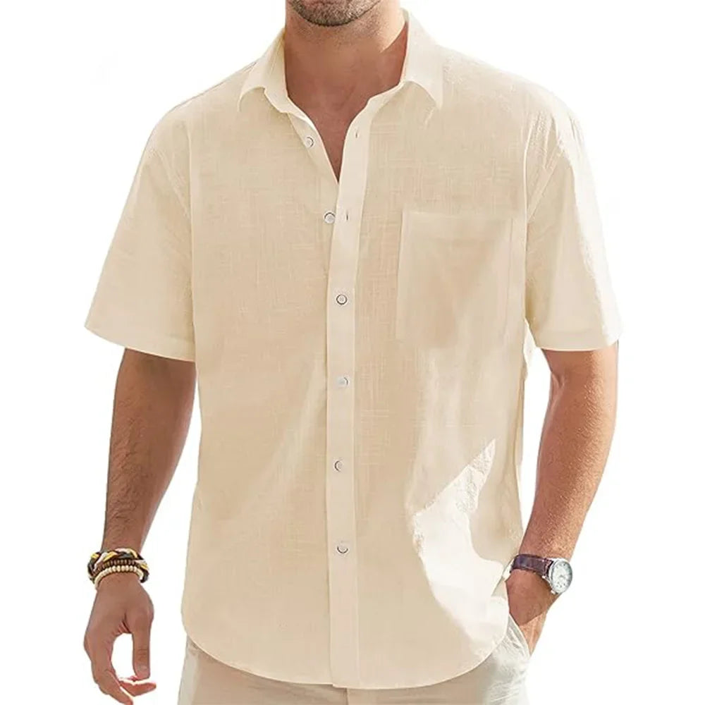 Men’s Solid Color Cotton Linen Shirt with Pocket – Lightweight Casual Summer Beachwear