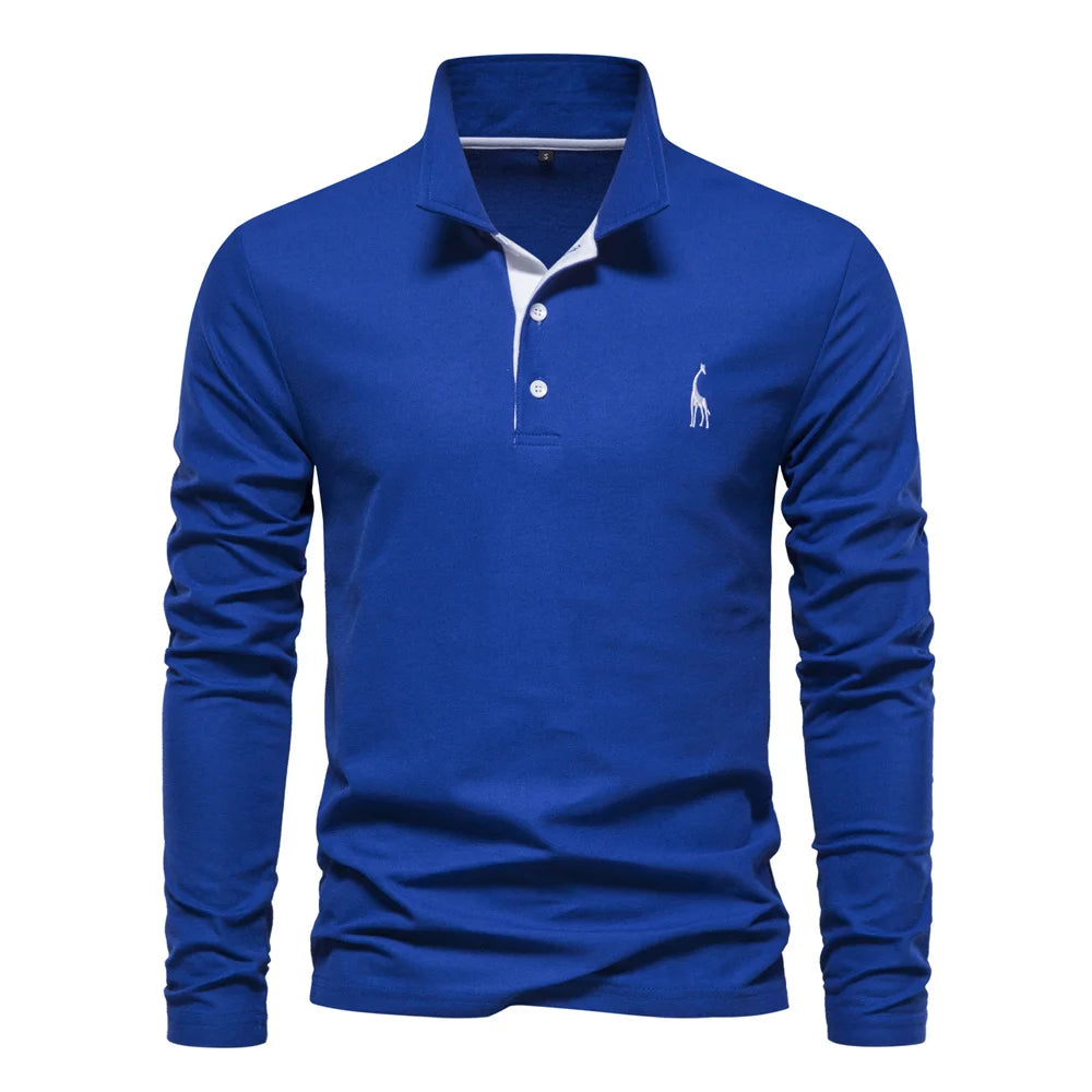 Men’s Long Sleeve Polo Shirt – Deer Embroidery & Premium Comfort