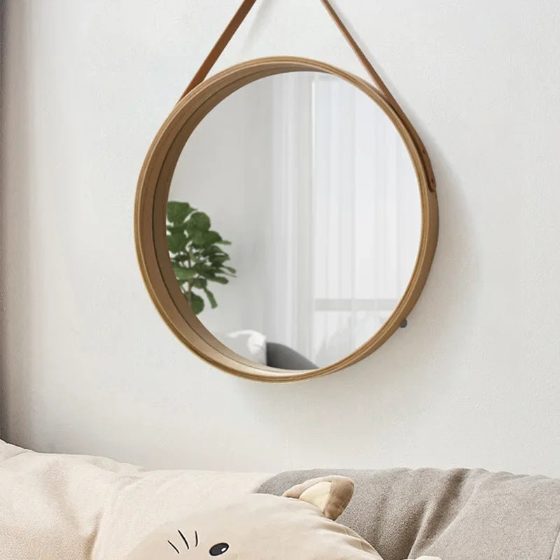 Wall-mounted Round Vanity Mirror with Wooden Frame and Leather Strap
