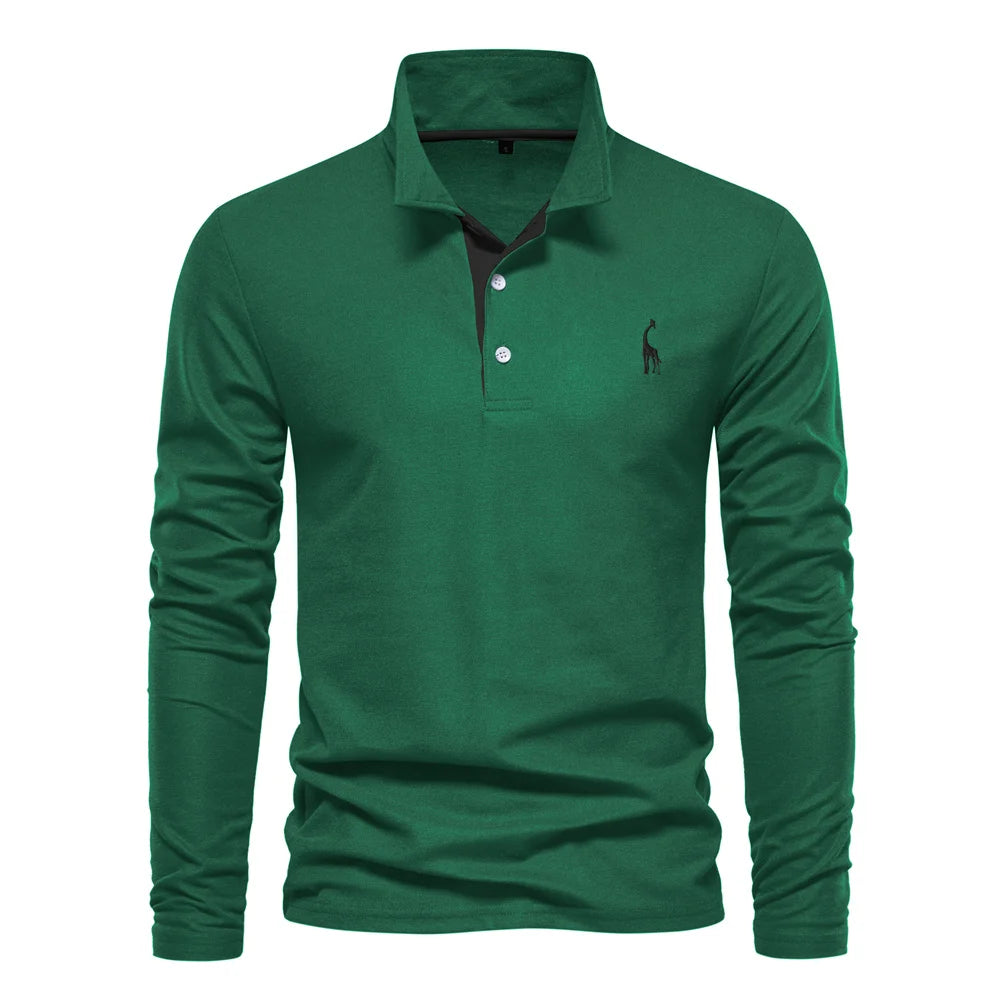 Men’s Long Sleeve Polo Shirt – Deer Embroidery & Premium Comfort