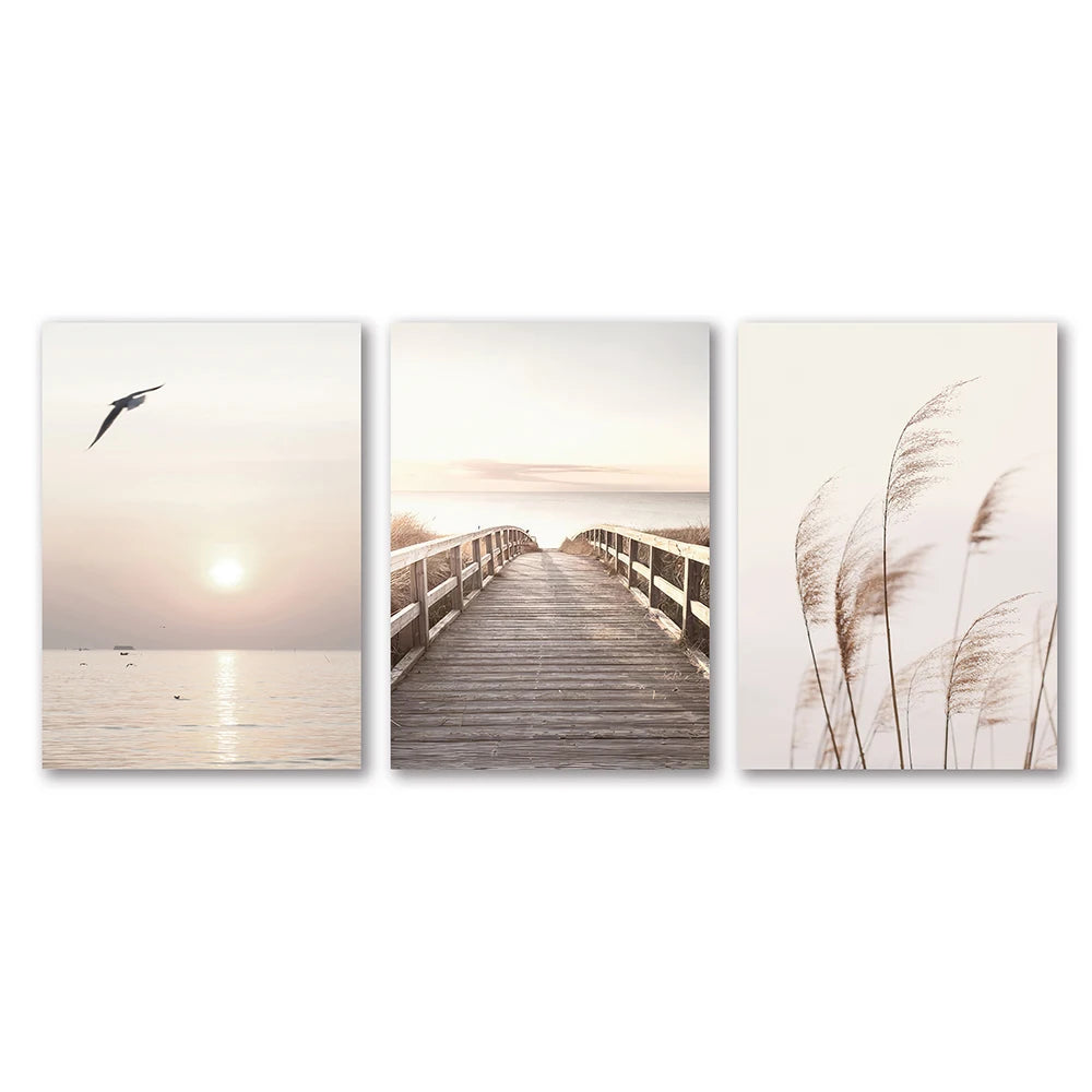 White Seascape Canvas Set – Nordic Minimalist Beach & Pampas Wall Art