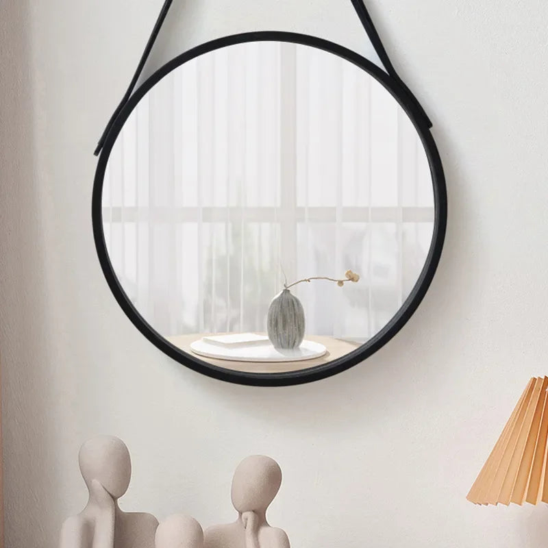 Wall-mounted Round Vanity Mirror with Wooden Frame and Leather Strap