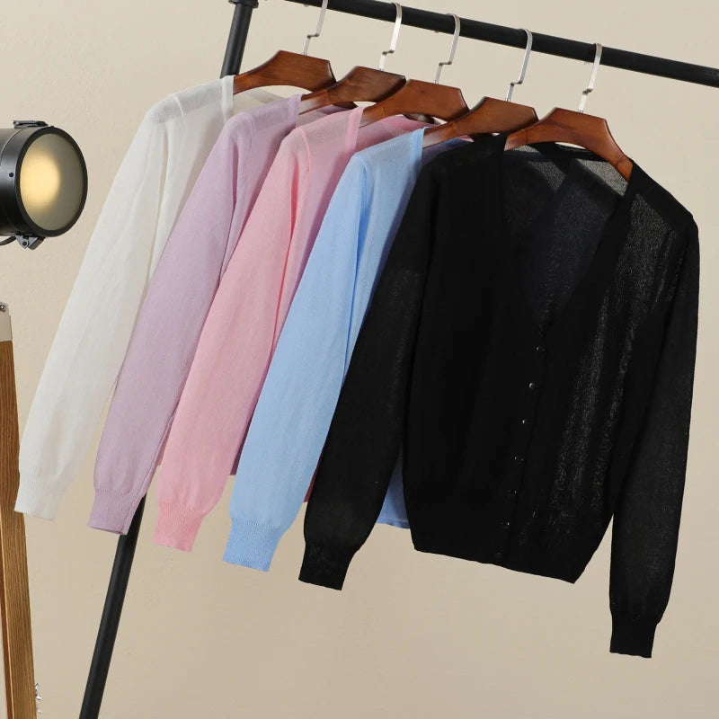Women’s Summer Cardigan – Korean Style Cropped V-Neck Buttoned Sweater