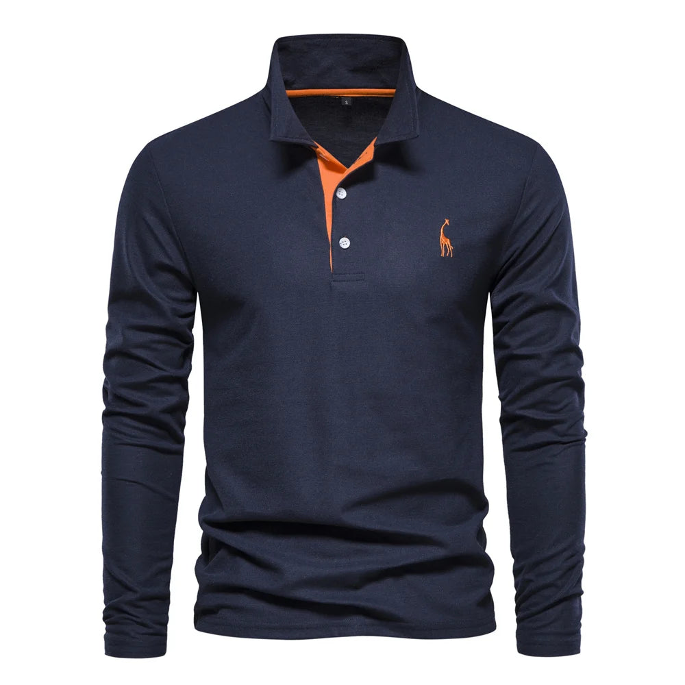 Men’s Long Sleeve Polo Shirt – Deer Embroidery & Premium Comfort
