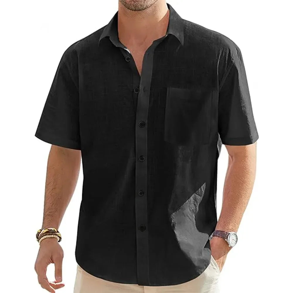 Men’s Solid Color Cotton Linen Shirt with Pocket – Lightweight Casual Summer Beachwear