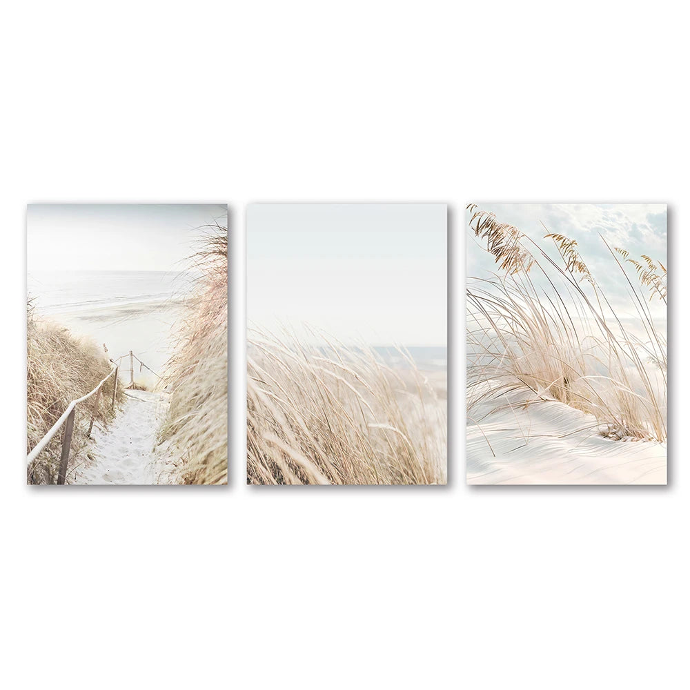 White Seascape Canvas Set – Nordic Minimalist Beach & Pampas Wall Art