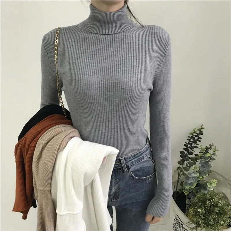 Women’s Thick Ribbed Turtleneck Sweater – Soft Knitted Warm Slim Pullover for Autumn & Winter