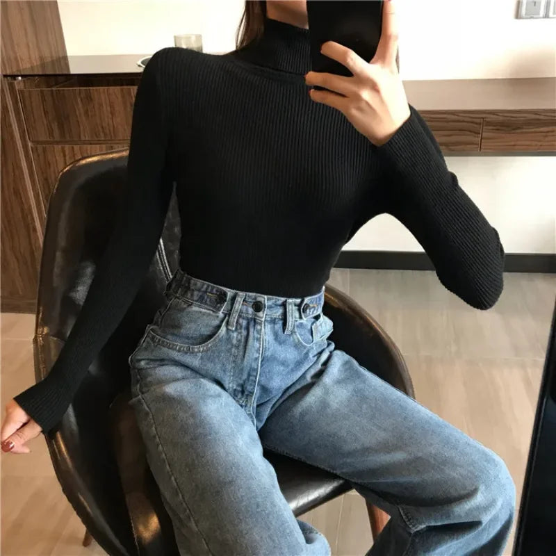 Women’s Thick Ribbed Turtleneck Sweater – Soft Knitted Warm Slim Pullover for Autumn & Winter