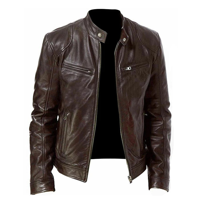 Men’s PU Leather Motorcycle Jacket – Slim Fit Windproof Biker Coat