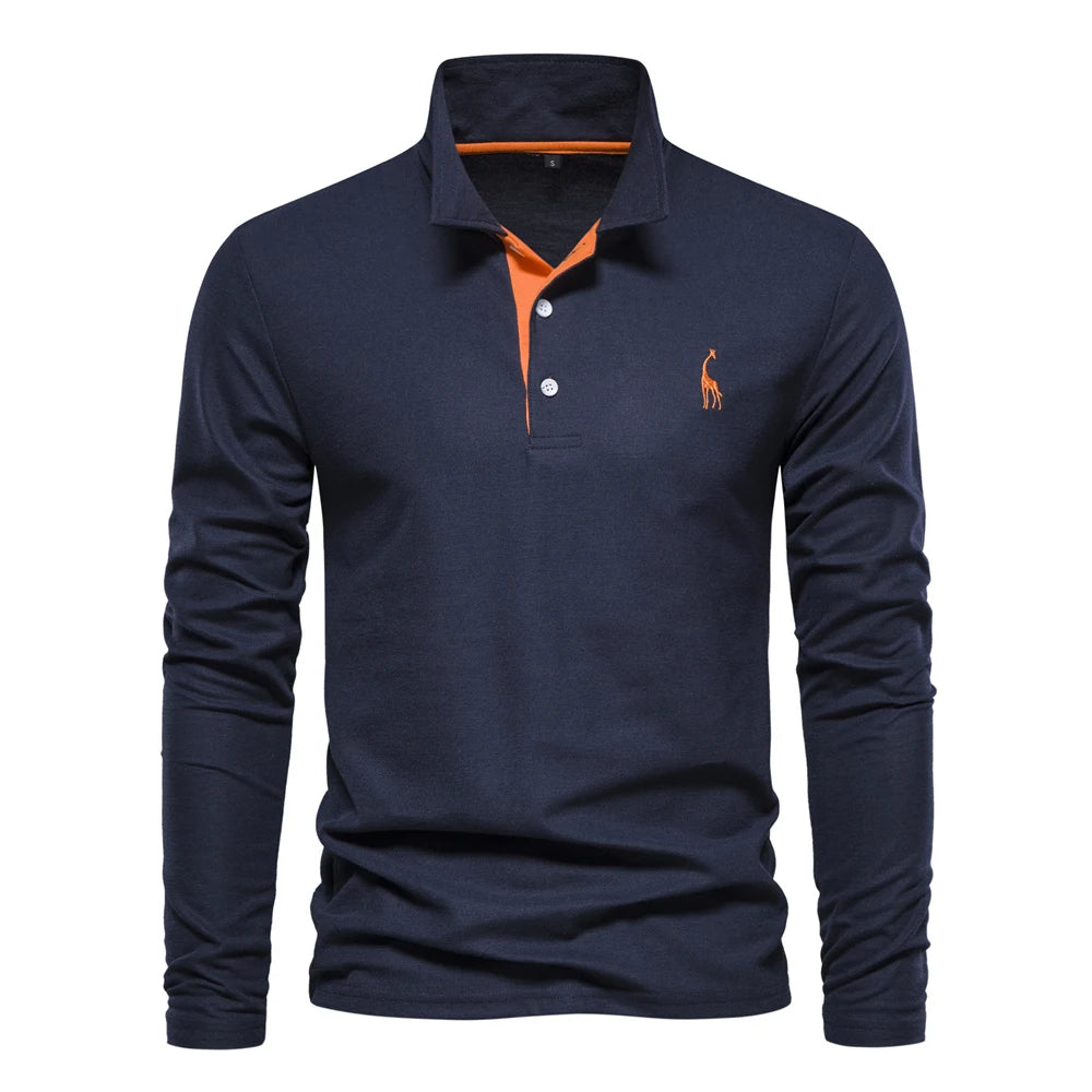 Men’s Long Sleeve Polo Shirt – Deer Embroidery & Premium Comfort