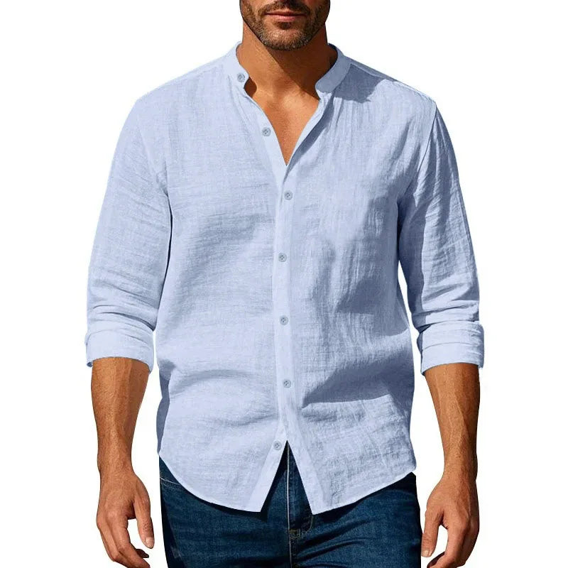 Men’s Cotton Linen Henley Shirt – Lightweight Breathable Slim Fit Long Sleeve Button-Up