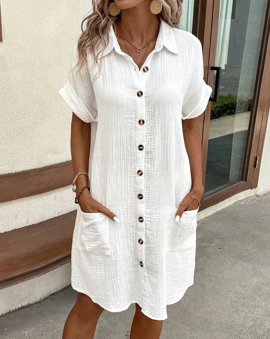 Vintage Women Solid Mini Dress – V-Neck Cotton Linen Style Summer Dress