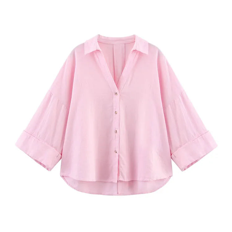 HipSeam Wide-Sleeved Asymmetric Linen Shirt – Spring Minimalist Women’s Button-Up Blouse