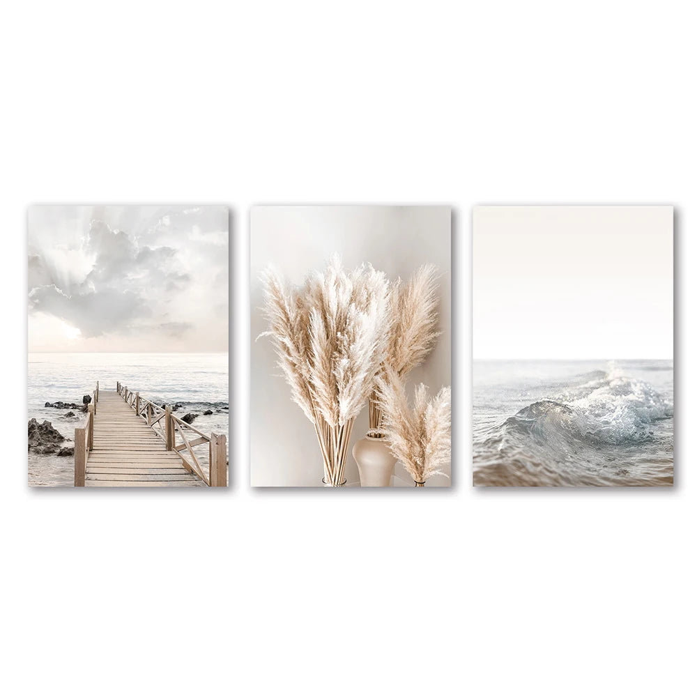 White Seascape Canvas Set – Nordic Minimalist Beach & Pampas Wall Art
