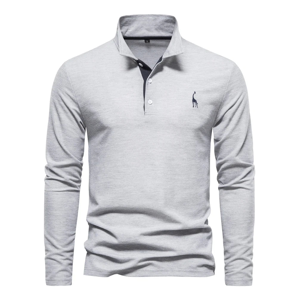 Men’s Long Sleeve Polo Shirt – Deer Embroidery & Premium Comfort