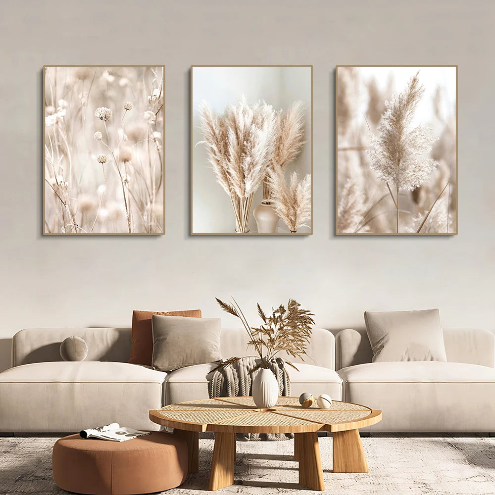 White Seascape Canvas Set – Nordic Minimalist Beach & Pampas Wall Art