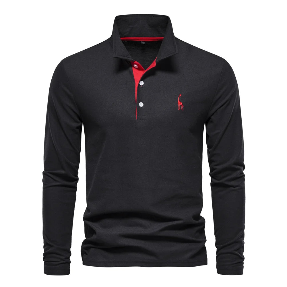Men’s Long Sleeve Polo Shirt – Deer Embroidery & Premium Comfort