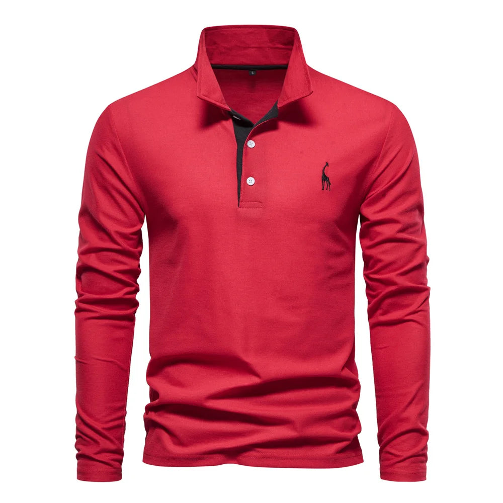 Men’s Long Sleeve Polo Shirt – Deer Embroidery & Premium Comfort