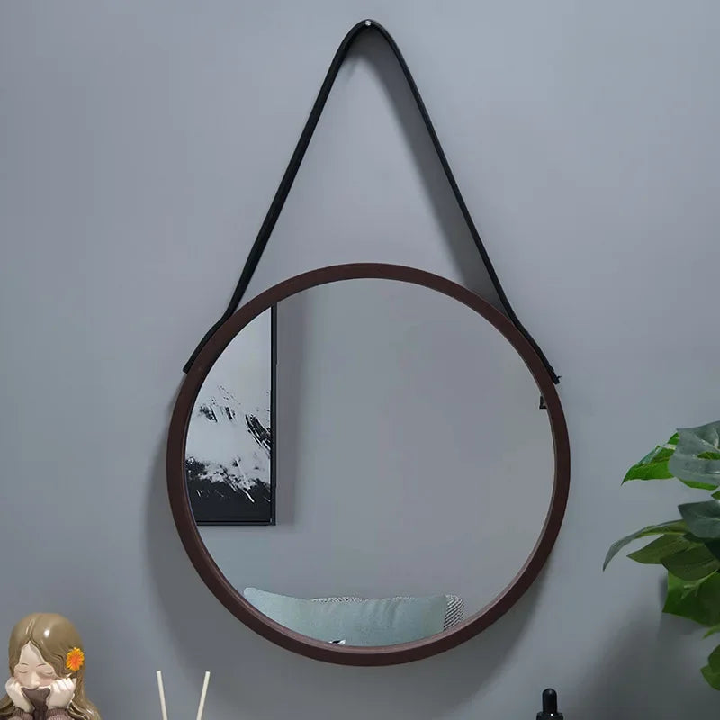 Wall-mounted Round Vanity Mirror with Wooden Frame and Leather Strap