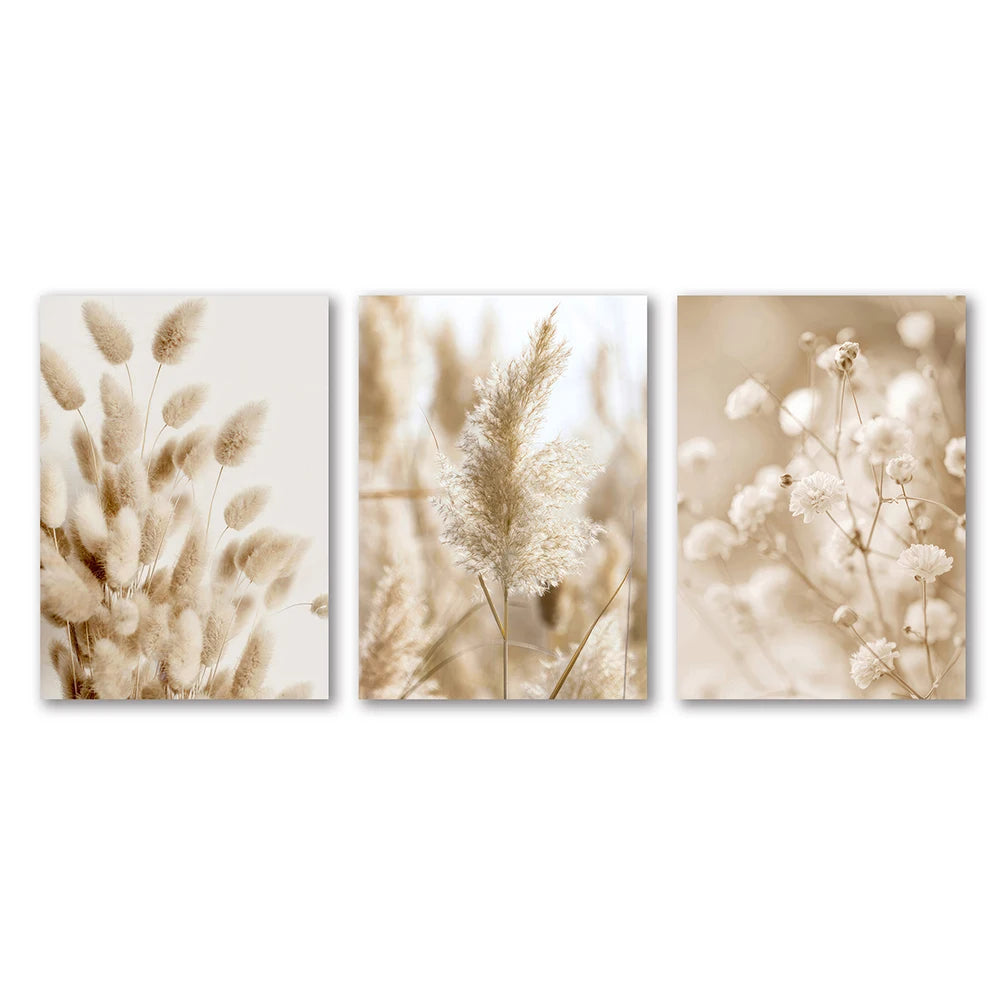White Seascape Canvas Set – Nordic Minimalist Beach & Pampas Wall Art
