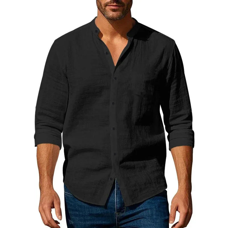 Men’s Cotton Linen Henley Shirt – Lightweight Breathable Slim Fit Long Sleeve Button-Up