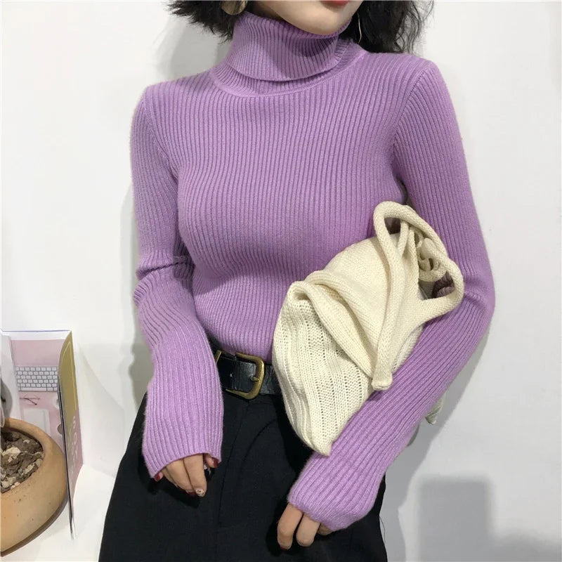 Women’s Thick Ribbed Turtleneck Sweater – Soft Knitted Warm Slim Pullover for Autumn & Winter