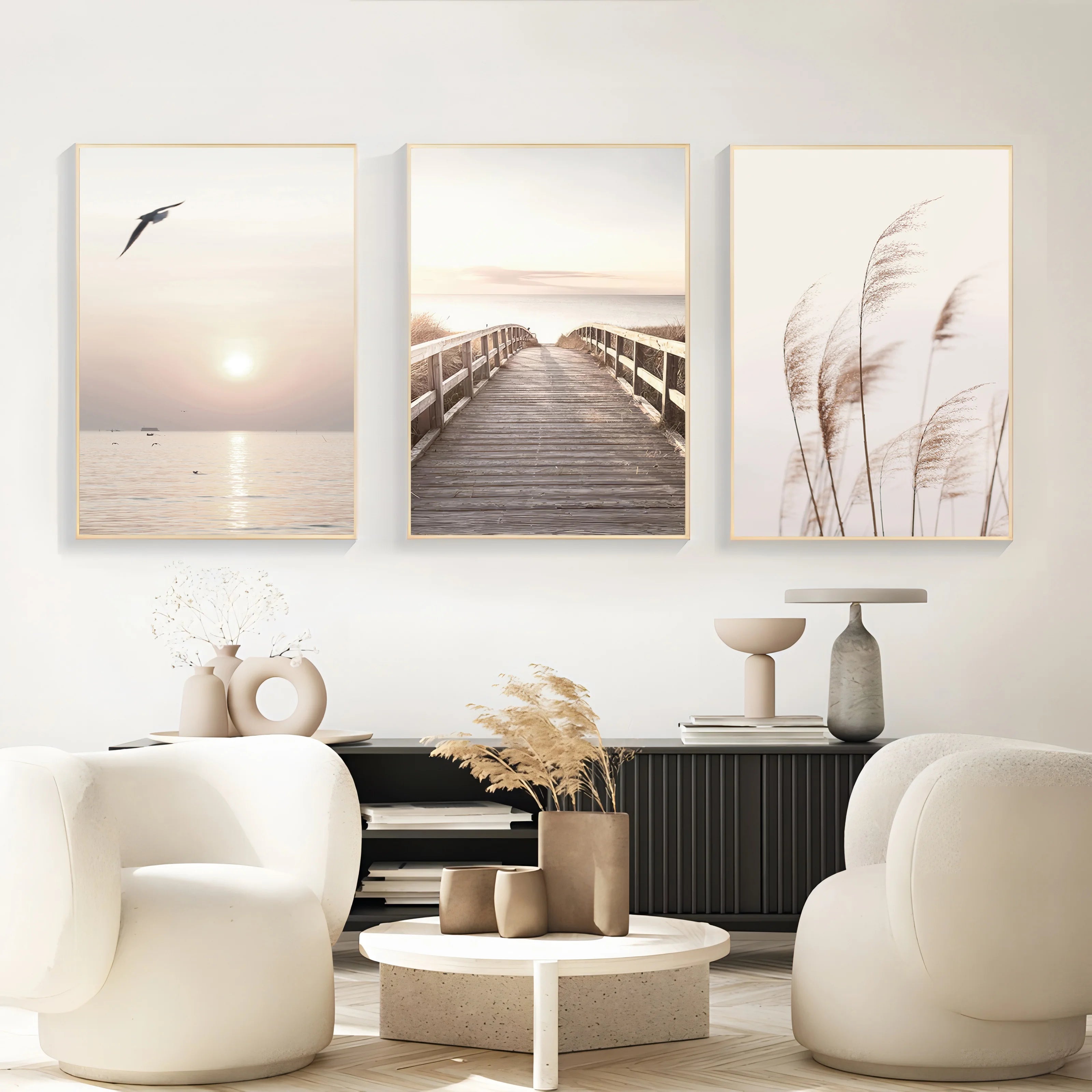 White Seascape Canvas Set – Nordic Minimalist Beach & Pampas Wall Art