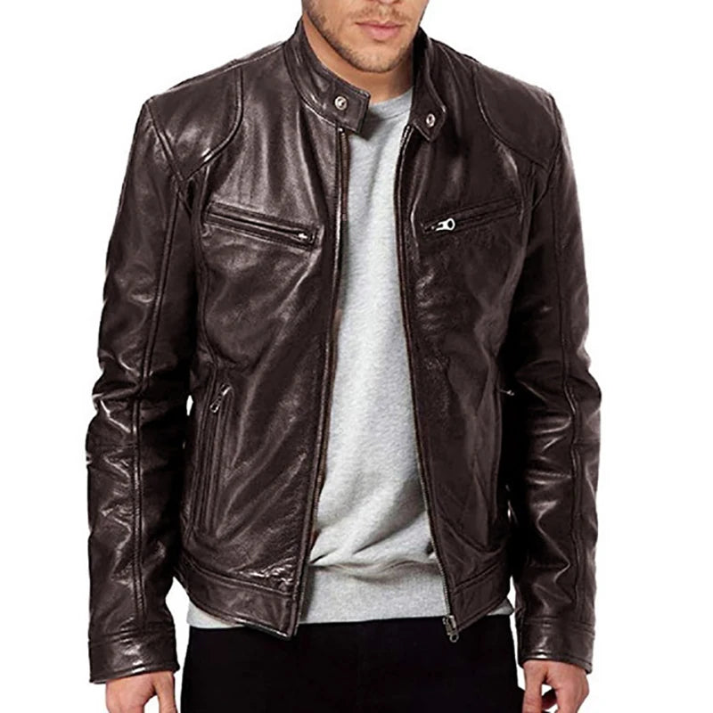 Men’s PU Leather Motorcycle Jacket – Slim Fit Windproof Biker Coat