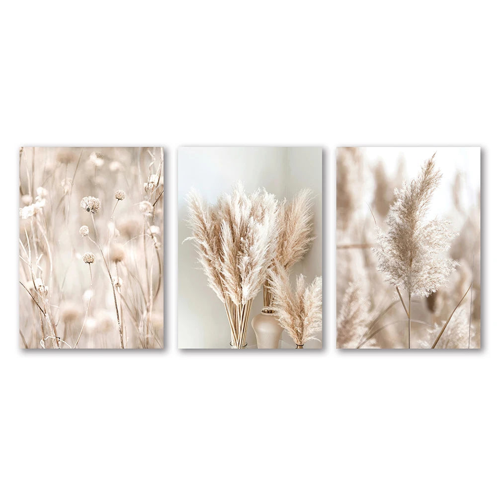 White Seascape Canvas Set – Nordic Minimalist Beach & Pampas Wall Art