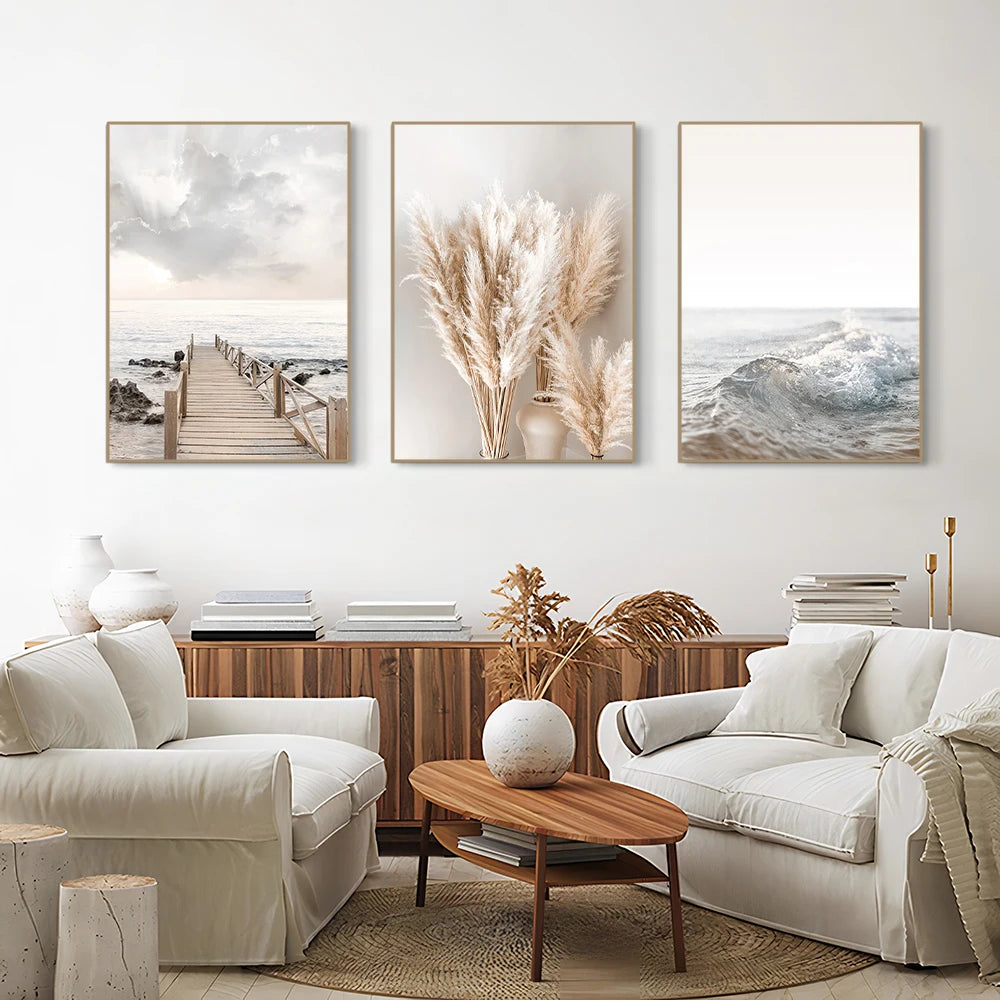 White Seascape Canvas Set – Nordic Minimalist Beach & Pampas Wall Art