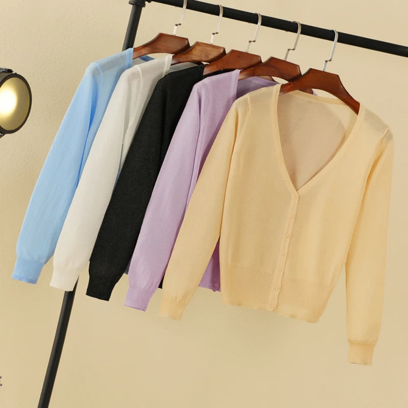 Women’s Summer Cardigan – Korean Style Cropped V-Neck Buttoned Sweater