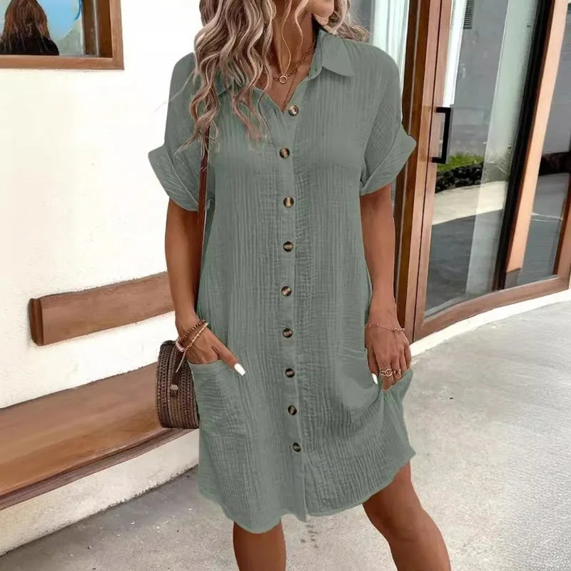 Women’s Minimalist V-Neck Button-Up Dress