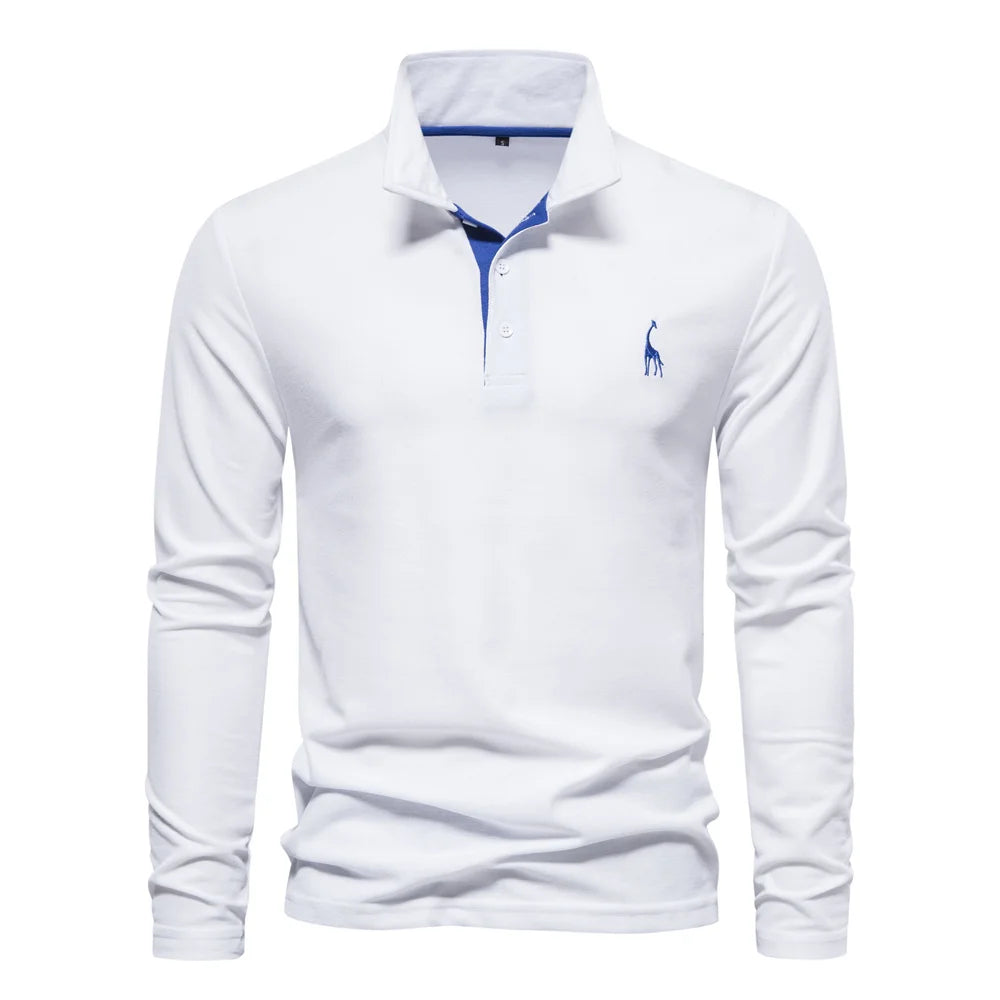 Men’s Long Sleeve Polo Shirt – Deer Embroidery & Premium Comfort