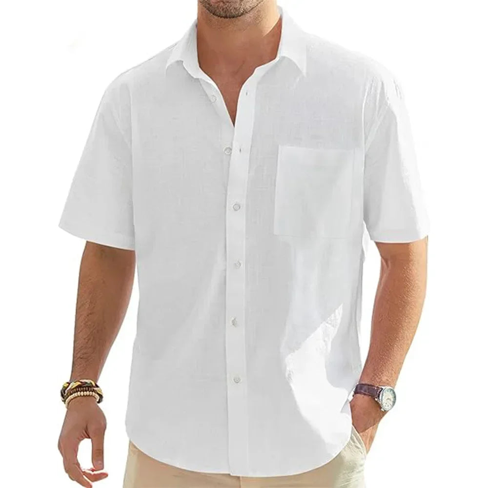 Men’s Solid Color Cotton Linen Shirt with Pocket – Lightweight Casual Summer Beachwear