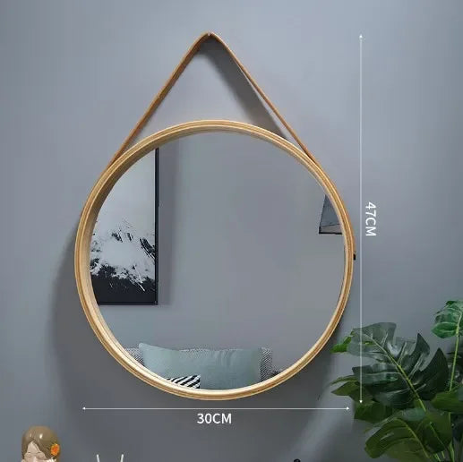 Wall-mounted Round Vanity Mirror with Wooden Frame and Leather Strap