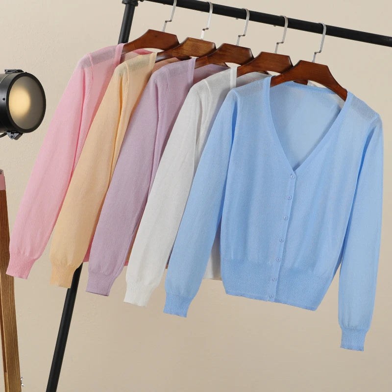Women’s Summer Cardigan – Korean Style Cropped V-Neck Buttoned Sweater