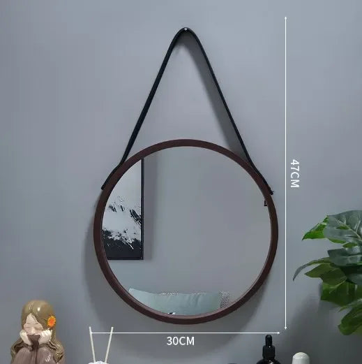 Wall-mounted Round Vanity Mirror with Wooden Frame and Leather Strap